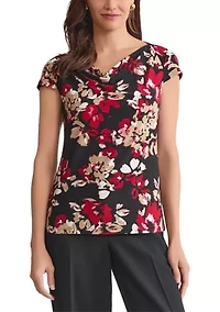 Women's Floral Print Cap Sleeve Cowl Neck Knit Top