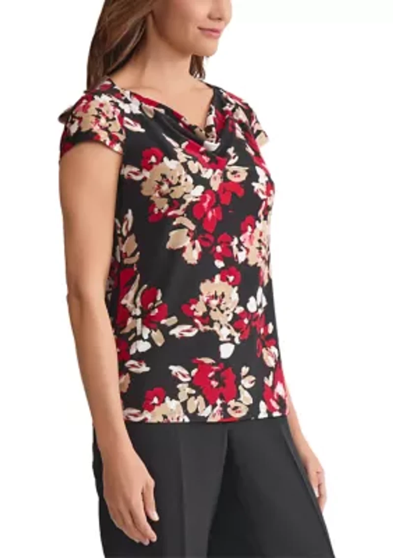 Women's Floral Print Cap Sleeve Cowl Neck Knit Top
