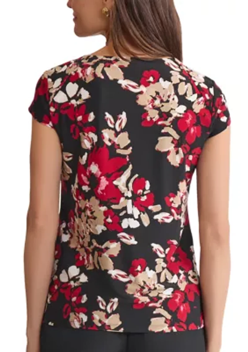 Petite Floral Print Cap Sleeve Cowl Neck Knit Top