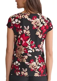 Petite Floral Print Cap Sleeve Cowl Neck Knit Top