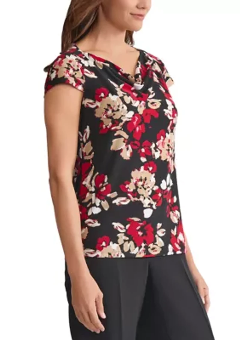 Petite Floral Print Cap Sleeve Cowl Neck Knit Top
