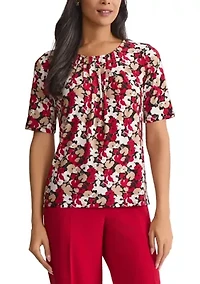 Women's Mini Floral Print Elbow Sleeve Knit Top