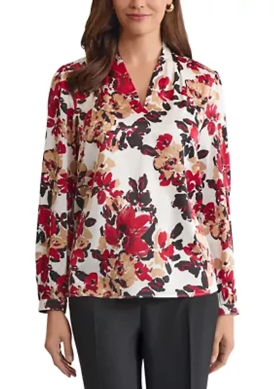 Women's Floral Print Long Sleeve V-Neck Blouse