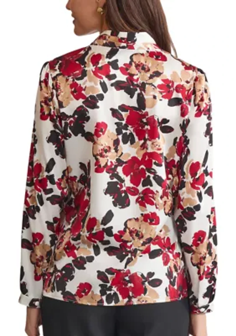 Petite Long Sleeve V-Neck Pleated Shoulder Blouse