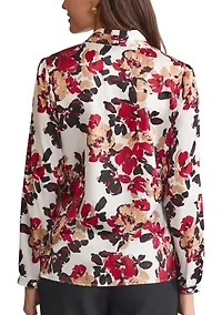 Petite Long Sleeve V-Neck Pleated Shoulder Blouse