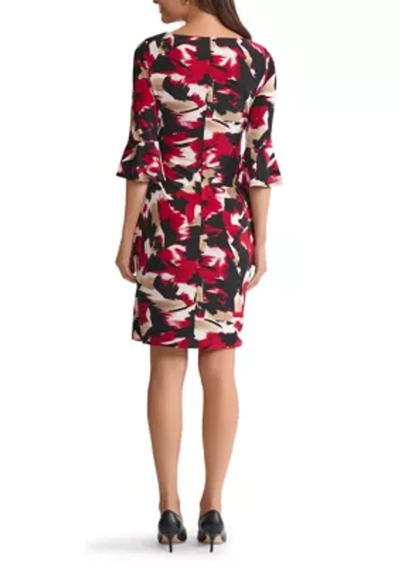 Women's Brushstroke Print Ruffle Sleeve Knit Dress