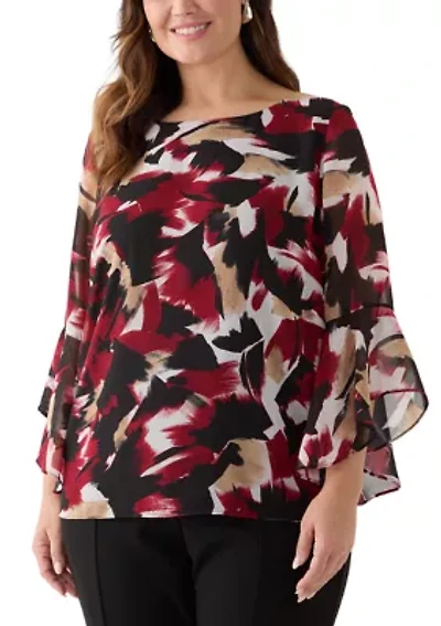 Plus Brushstroke Print Ruffle Sleeve Blouse
