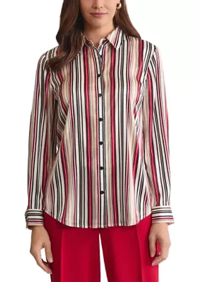 Women's Stripe Long Sleeve Button Front Blouse