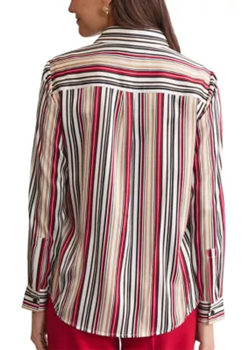 Women's Stripe Long Sleeve Button Front Blouse