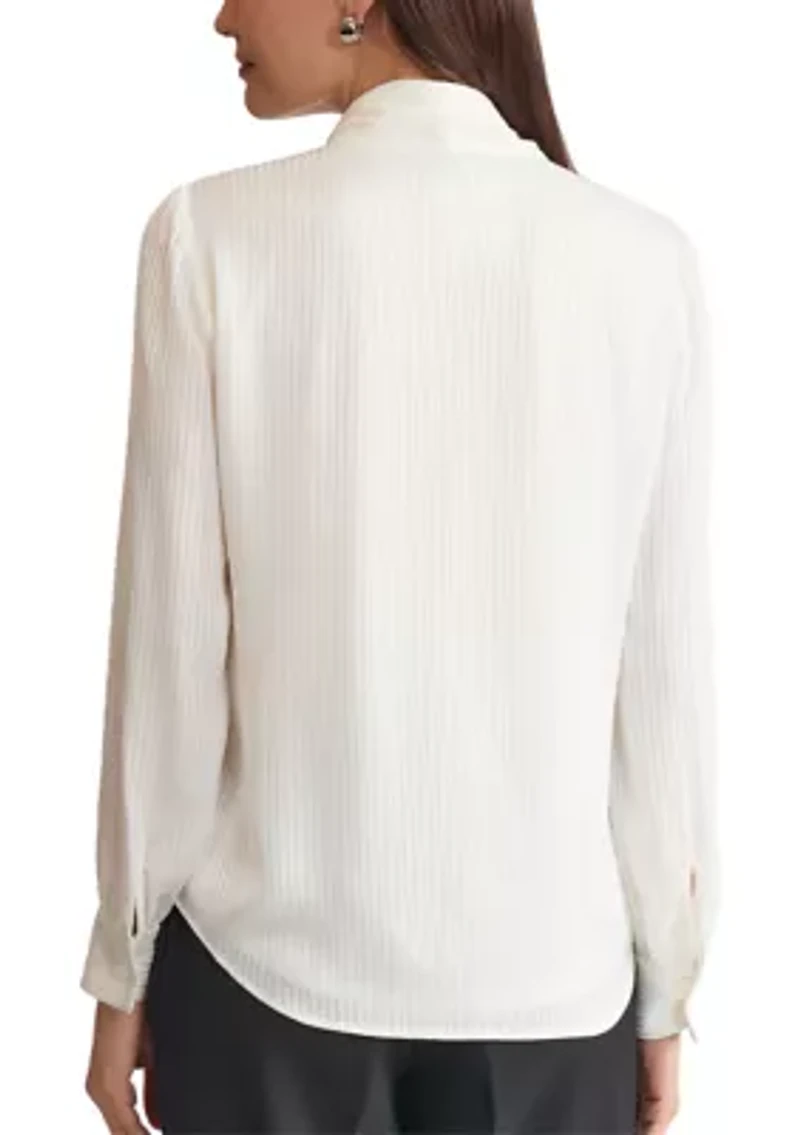 Women's Striped Long Sleeve Tie Neck Blouse