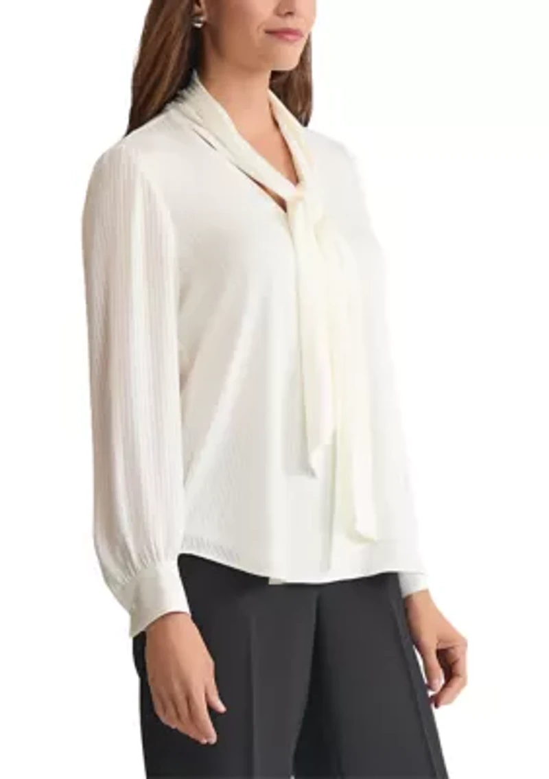 Women's Striped Long Sleeve Tie Neck Blouse