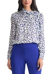 Women's Floral Print Satin Striped Long Sleeve Tie Neck Blouse