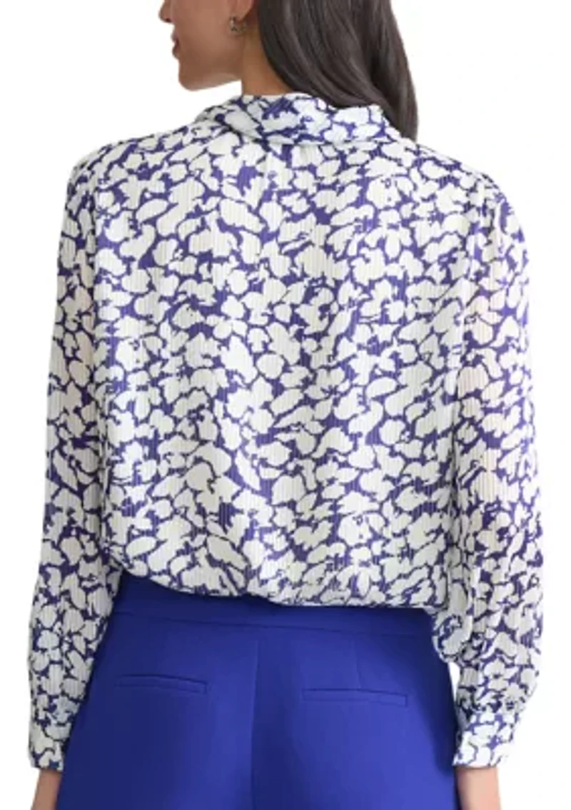 Women's Floral Print Satin Striped Long Sleeve Tie Neck Blouse