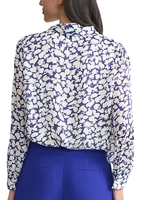 Women's Floral Print Satin Striped Long Sleeve Tie Neck Blouse