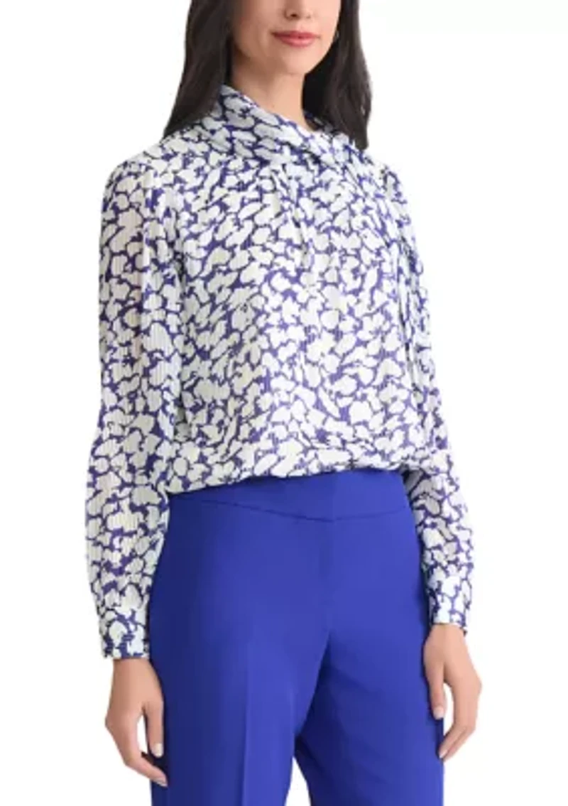 Women's Floral Print Satin Striped Long Sleeve Tie Neck Blouse