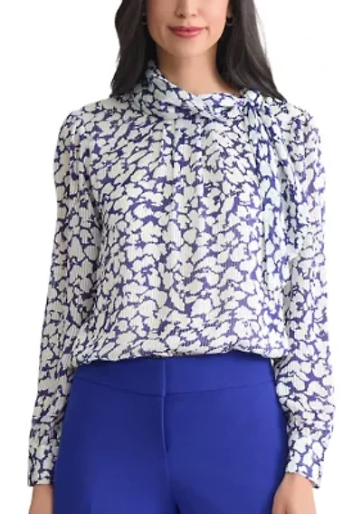 Petite Floral Print Satin Striped Long Sleeve Tie Neck Blouse