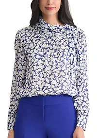 Petite Floral Print Satin Striped Long Sleeve Tie Neck Blouse