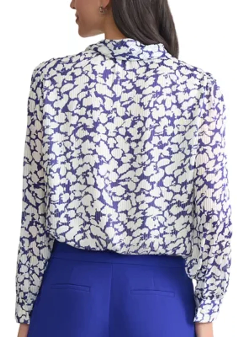 Petite Floral Print Satin Striped Long Sleeve Tie Neck Blouse