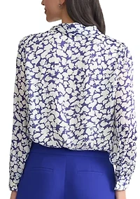 Petite Floral Print Satin Striped Long Sleeve Tie Neck Blouse