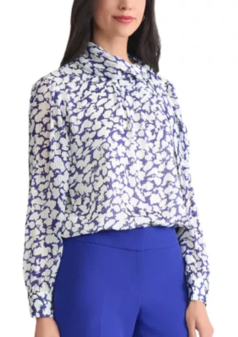 Petite Floral Print Satin Striped Long Sleeve Tie Neck Blouse