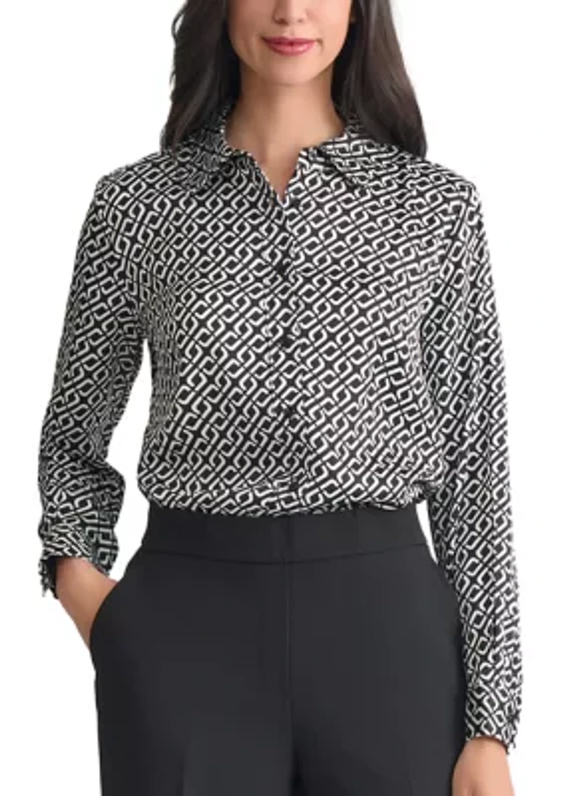 Women's Geo Print Long Sleeve Button Front Blouse