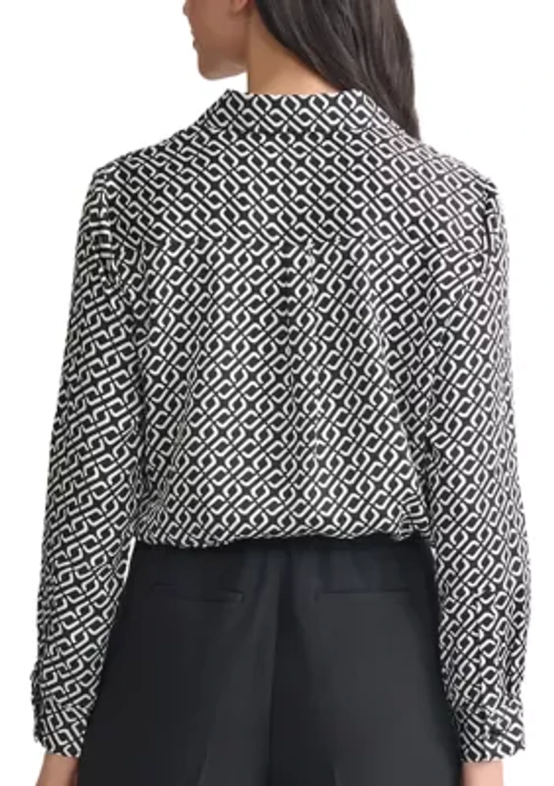 Women's Geo Print Long Sleeve Button Front Blouse