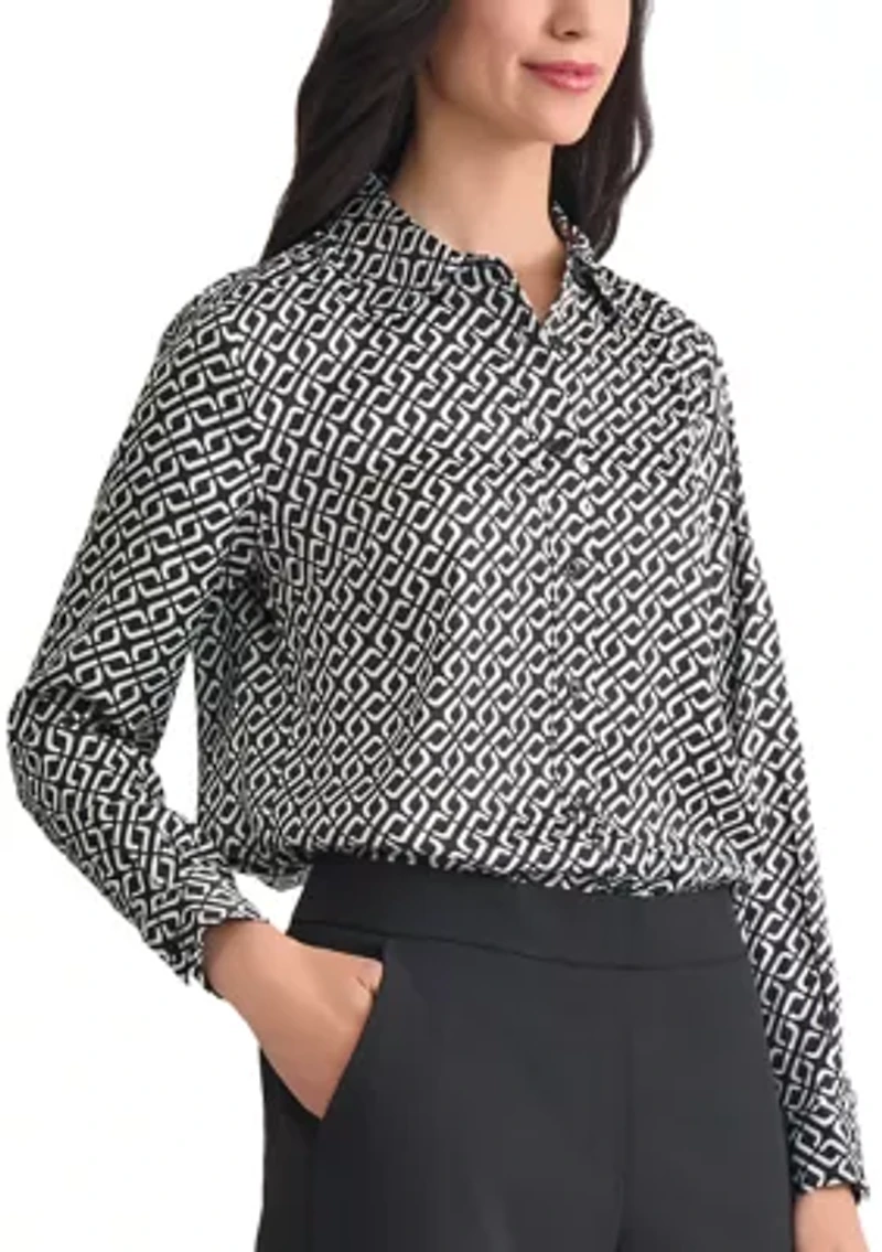 Women's Geo Print Long Sleeve Button Front Blouse