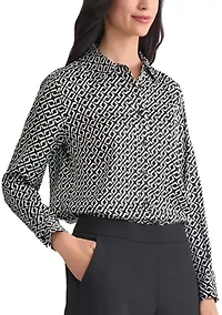 Women's Geo Print Long Sleeve Button Front Blouse