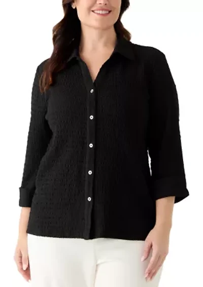 Plus 3/4 Sleeve Button Front Ridge Knit Top