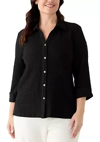 Plus 3/4 Sleeve Button Front Ridge Knit Top