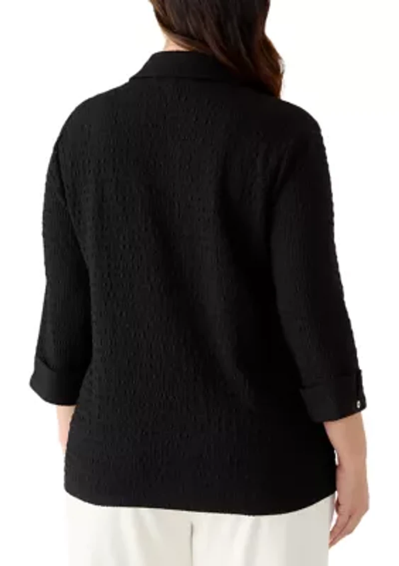 Plus 3/4 Sleeve Button Front Ridge Knit Top