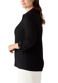 Plus 3/4 Sleeve Button Front Ridge Knit Top