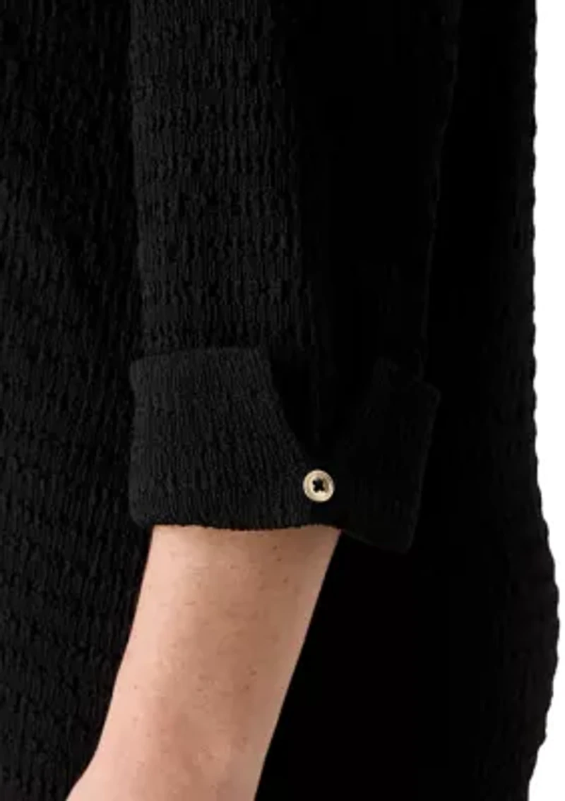 Plus 3/4 Sleeve Button Front Ridge Knit Top