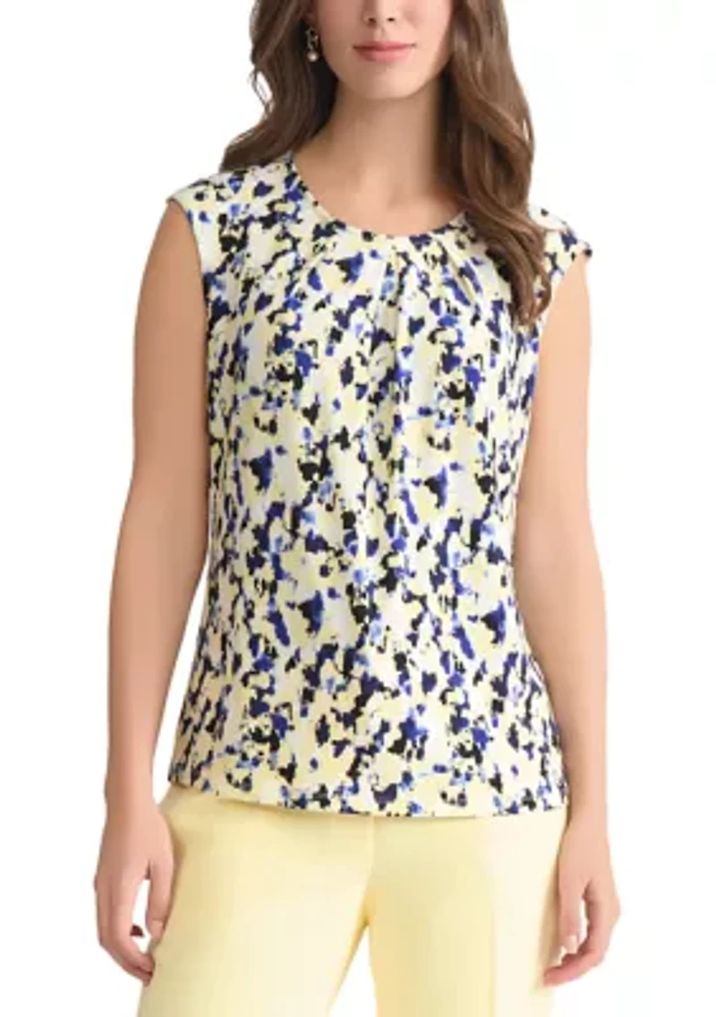 Women's Multi-Print Pleated Shoulder Knit Top with Hardware