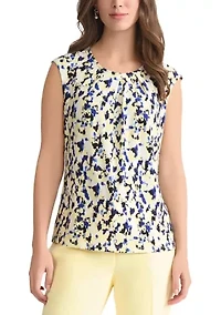Women's Multi-Print Pleated Shoulder Knit Top with Hardware