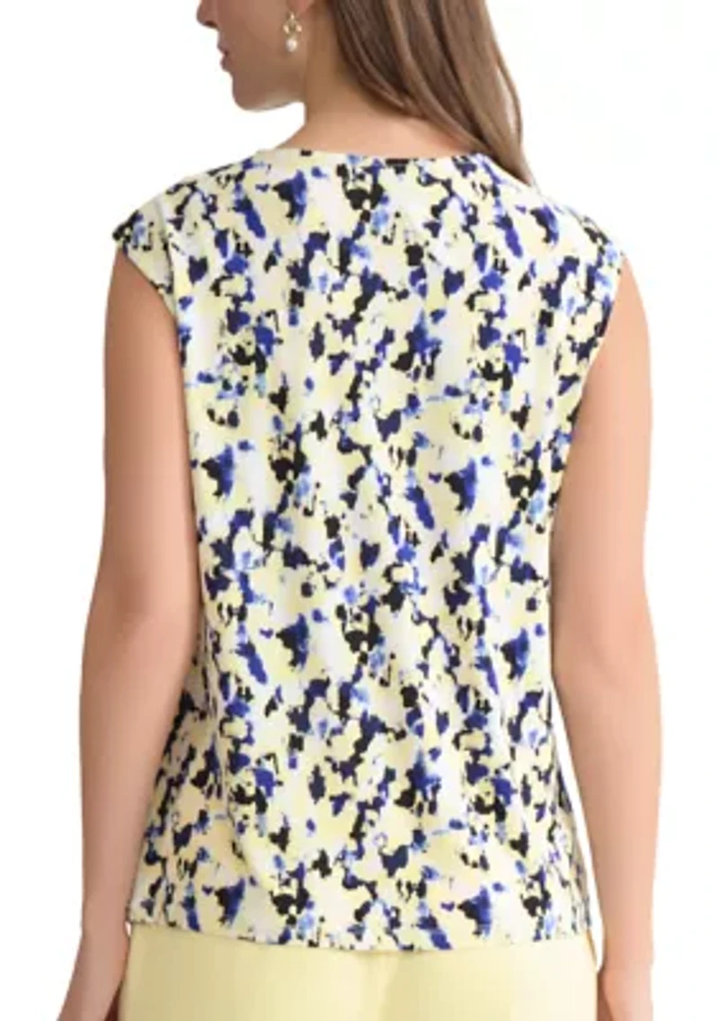 Women's Multi-Print Pleated Shoulder Knit Top with Hardware