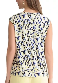 Women's Multi-Print Pleated Shoulder Knit Top with Hardware