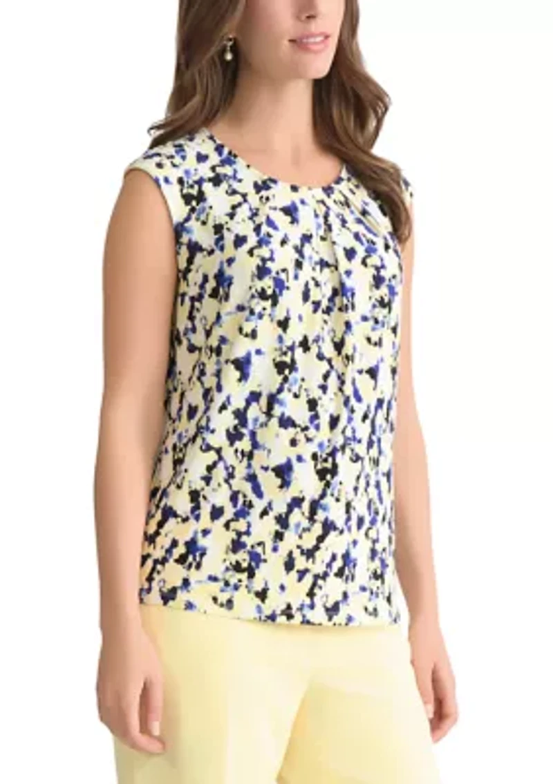 Women's Multi-Print Pleated Shoulder Knit Top with Hardware