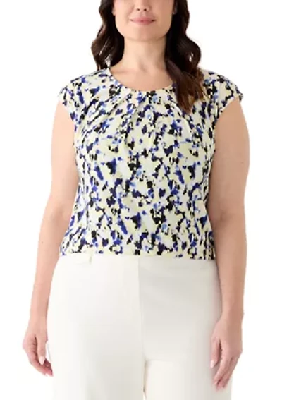 Plus Extended Shoulder Pleated Print Top