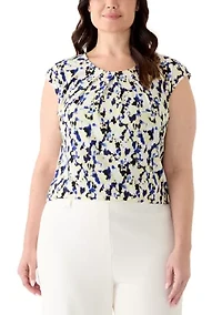 Plus Extended Shoulder Pleated Print Top