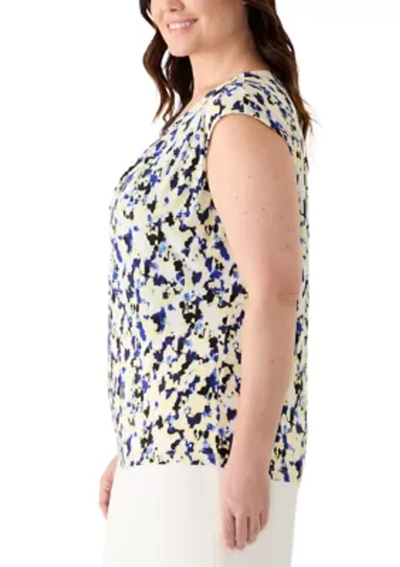Plus Extended Shoulder Pleated Print Top