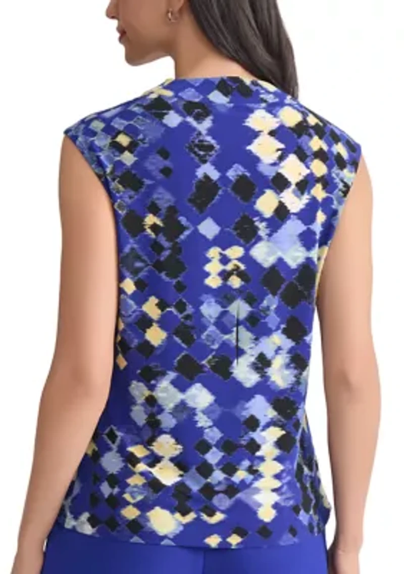 Women's Geo Print Cowl Neck Cap Sleeve Knit Top