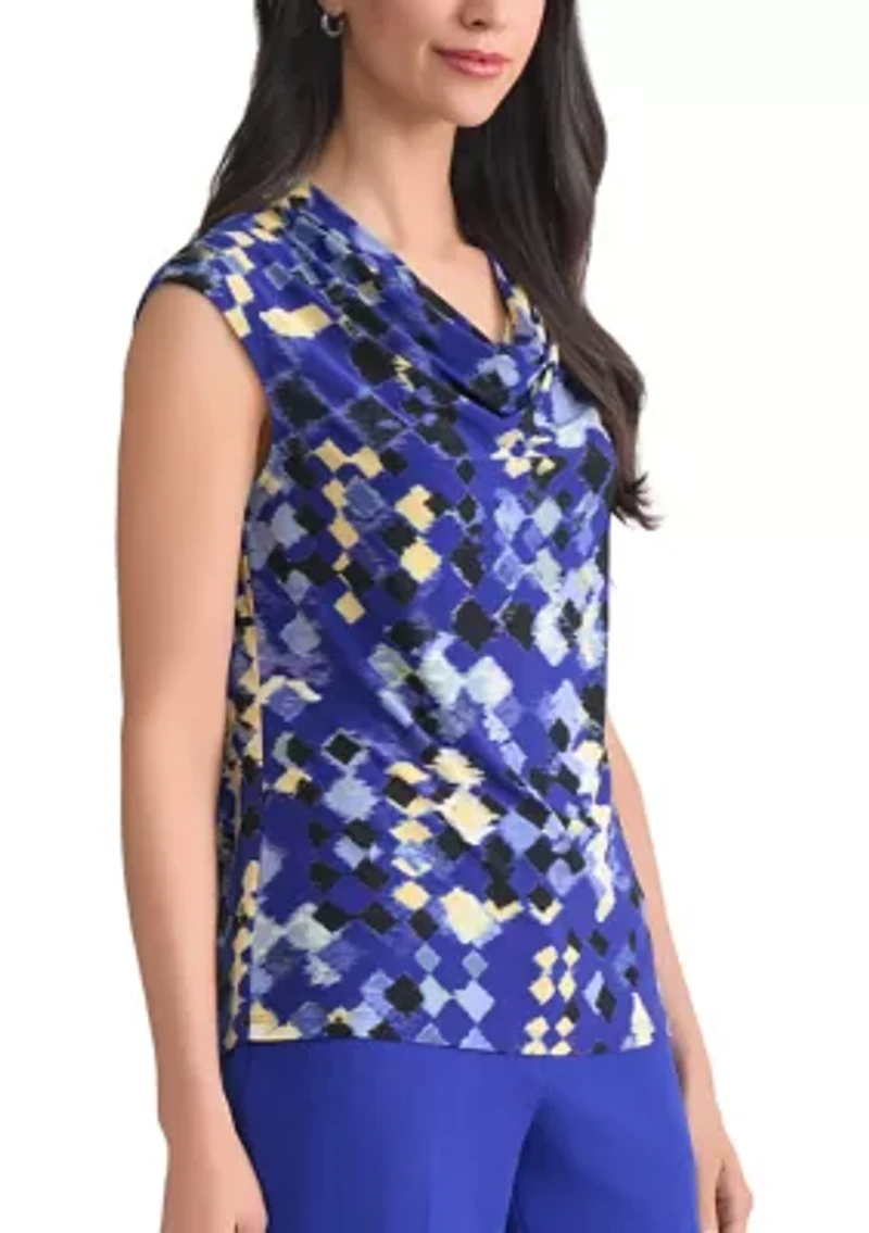 Women's Geo Print Cowl Neck Cap Sleeve Knit Top