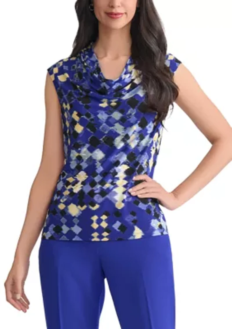 Petite Geo Print Cowl Neck Cap Sleeve Knit Top