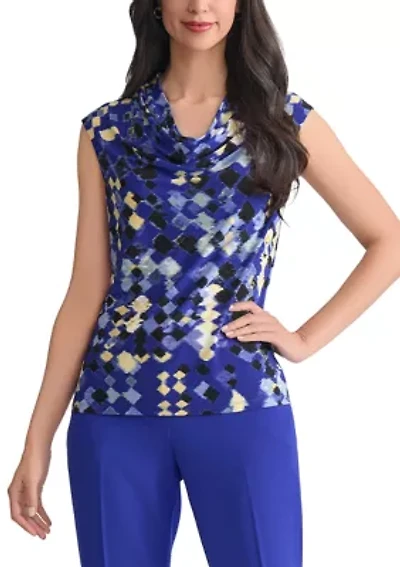 Petite Geo Print Cowl Neck Cap Sleeve Knit Top