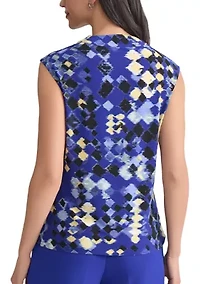 Petite Geo Print Cowl Neck Cap Sleeve Knit Top