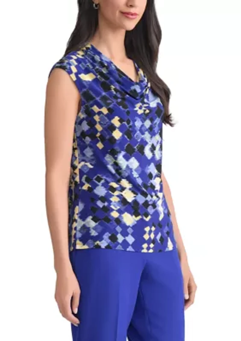 Petite Geo Print Cowl Neck Cap Sleeve Knit Top