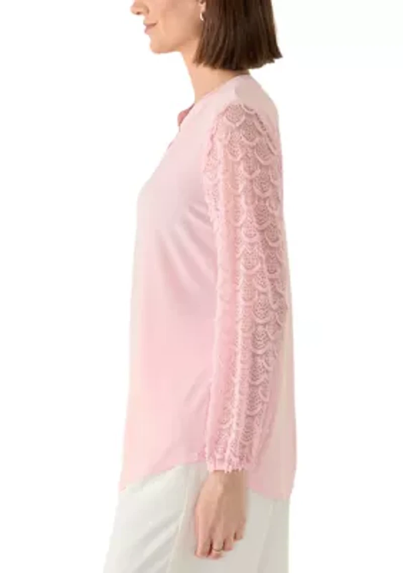 Women's Split Neck Lace Sleeve Knit Top