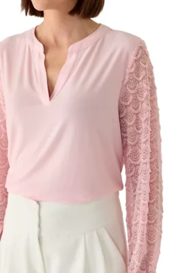 Women's Split Neck Lace Sleeve Knit Top