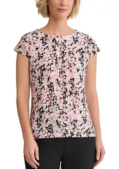 Petite Mini Floral Printed Cap Sleeve Pleated Front Knit Top